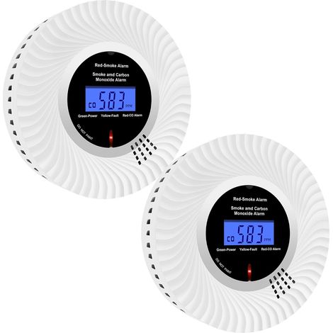 Détecteur de Fumée et de Monoxyde de Carbone Combiné avec écran LCD et Batterie Pendant 10 Ans, Détecteur de Fumée et Capteur de Monoxyde de Carbone avec Test/Muet, Lot de 2 (1/5)