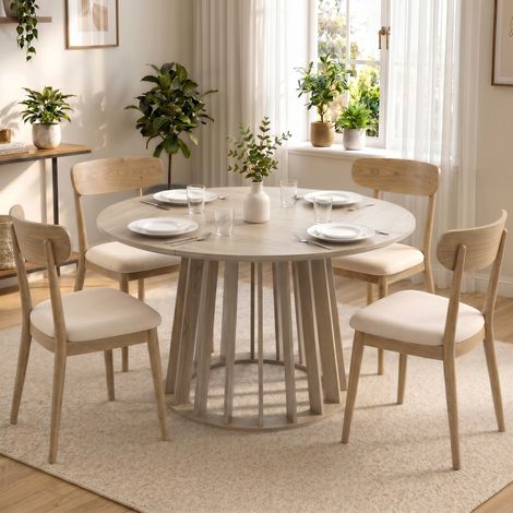 Table manger ronde 4-6 personnes Ø120x75 cm piétement lattes bois naturel, scandinave (1/5)