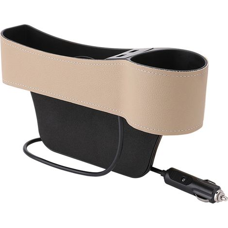 (Beige, côté conducteur à droite) Organisateur universel pour siège auto avec compartiment de rangement latéral, double chargeur USB, porte-gobelet et rangement pour console centrale. (1/5)