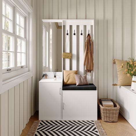 Meuble d'entrée – Banc à chaussures rembourré confortable – Grand miroir – 4 crochets solides – Armoire à chaussures grand volume – Structure stable – 100x40x180 cm – Blanc (1/5)