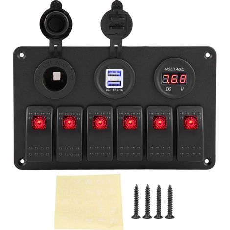 Panneau de commande étanche avec deux ports de chargement USB, chargeur LED et voltmètre, prise 12V/24V, convient aux bateaux, camping-cars, camions et caravanes (rouge). (1/5)