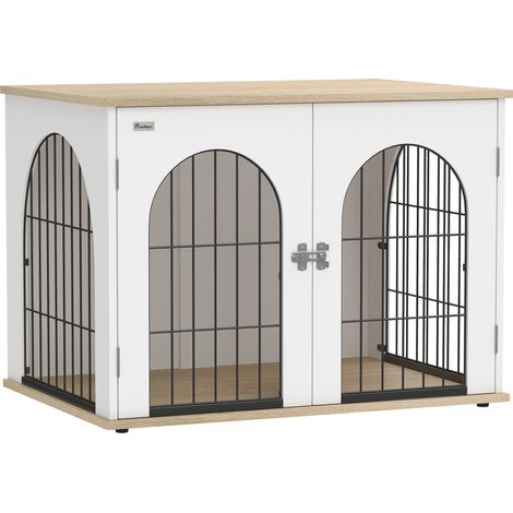 Cage intérieur chien en métal blanc 80x56x59cm, meuble niche avec double porte et plateau table d'appoint. (1/5)