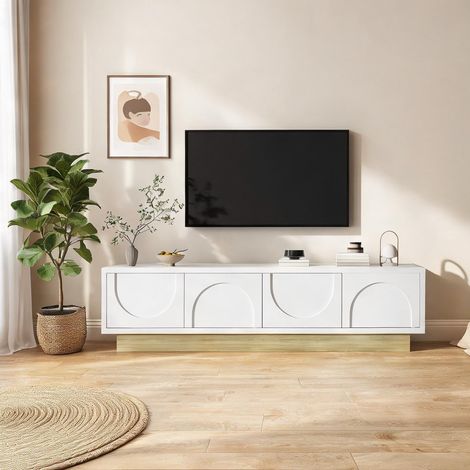 Meuble TV blanc 175 cm avec rangement et design incurvé en MDF (1/5)