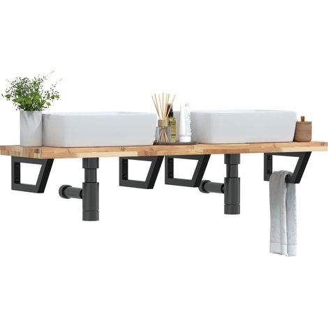 Étagère de vasque murale-Étagère murale-Étagère Suspendue acier et bois massif d'acacia 362553 (1/5)