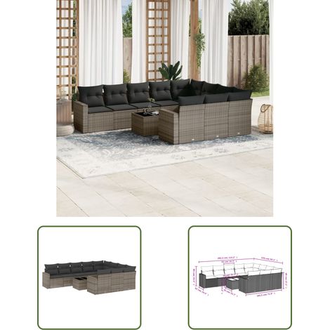 The Living Store 11-tlg. Garten-Sofagarnitur mit Kissen Grau Poly Rattan - Gartenmöbel - Gartensorte - Lounge Set - Outdoor Möbel - Rattan Gartenset (1/3)