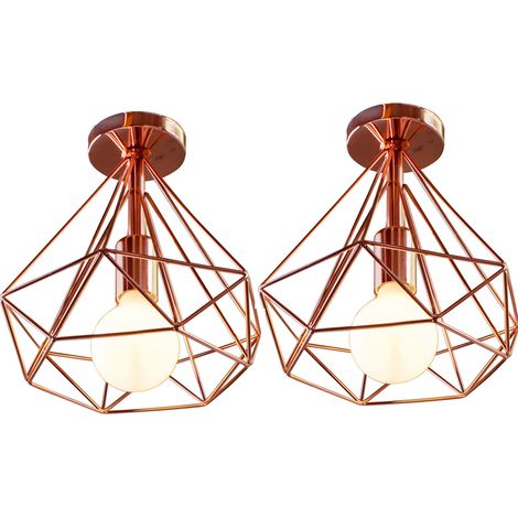 2PCS Lampe De Plafond Rétro Vintage En Forme De Diamant 25CM (Or Rose) Plafonnier Industriel En Métal Et Fer E27 Pour Restaurant Et Café