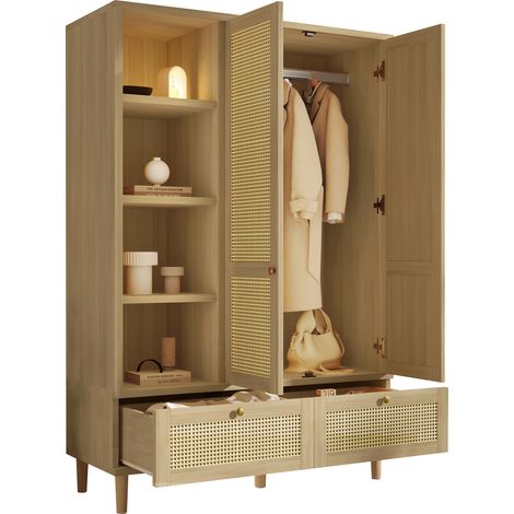 Armario con 2 Puertas, 2 Cajones, 4 Huecos Abiertos y Barra para Ropa, Estilo Campestre, en Madera, Roble, 120×50×180 cm (1/5)