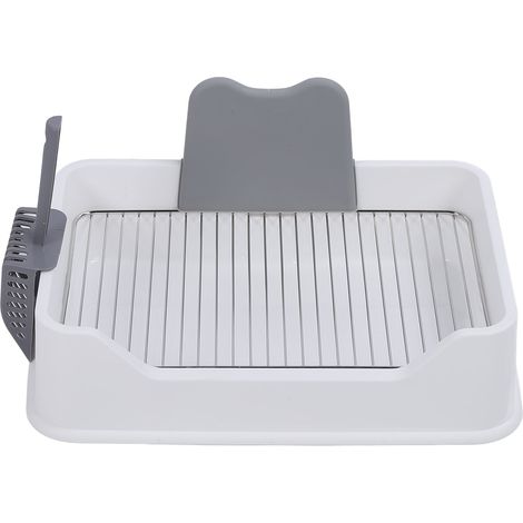 Bac à litière pour chat avec cloison anti-éclaboussures, grille en acier inoxydable, design élégant, pour chats de petite et moyenne taille, blanc (1/5)