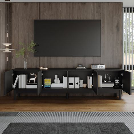 Meuble TV avec 4 Portes Sans Poignées et 2 Étagères, Design Ondulé Moderne, en MDF, 169×34×45,5 cm, Noir (1/5)