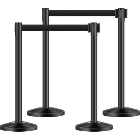 Poteau de guidage, 4 pcs, barrière de balisage pour contrôle de foules, avec base creuse, sangle rétractable noire et poteaux noirs en acier au carbone, pour théâtre, fête, mariage, exposition (1/5)