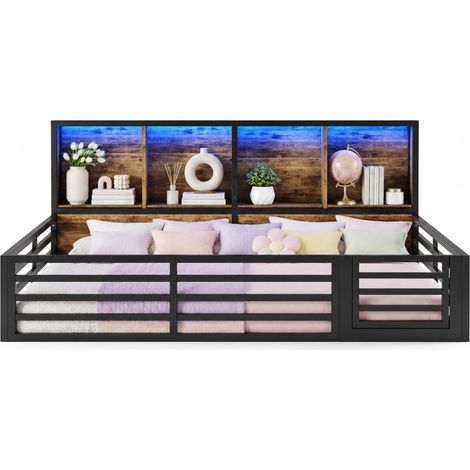 Lit plateforme 140x200 cm avec barrière, rangements latéraux et LED, structure métal/MDF noir, sans matelas, sommier inclus, pour chambre enfant - CHICFURN (1/5)