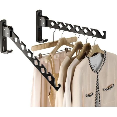 Porte-manteau mural rétractable et pliable en aluminium noir, gain de place pour buanderie et chambre à coucher, lot de 2 (1/4)