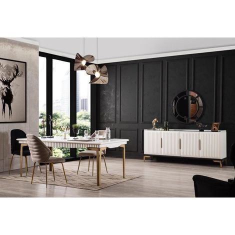 Azura Home Design – Salle à manger complète 4 places en panneaux mélaminé blanc et doré – Buffet 210x48x85cm et miroir inclus – Design moderne et élégant (1/5)