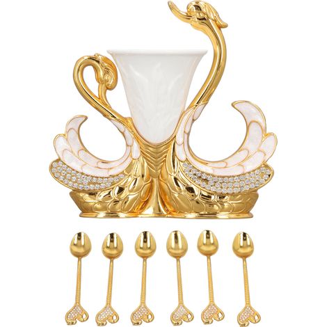 Service vaisselle forme cygne léger luxueux porte-cuillère avec 6 cuillères pour café et desserts, doré (1/5)
