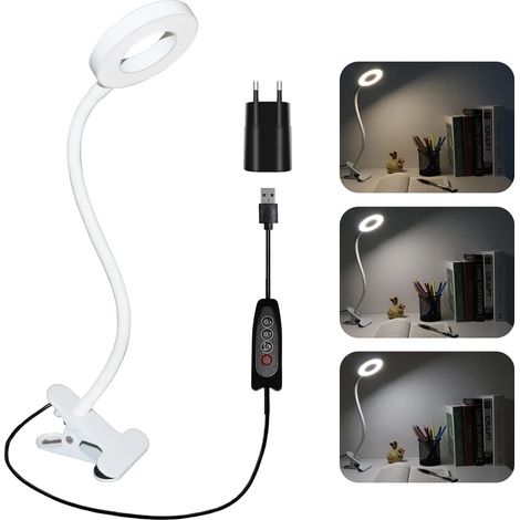 USB Lampe de Bureau à Pince, 48 LED, 3 Couleurs et 10 Intensités Variable, Lampe de Lecture pour Lire au Lit, Clip Lampe col de Cygne Flexible, LED Tattoo Lampe Extension de Cils(Blanche +) (1/5)