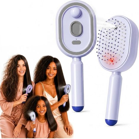Brosse à vapeur électrique, fer à lisser à vapeur rechargeable avec spray, peigne démêlant antistatique 3 en 1 et massage à coussin d'air, outil de coiffure portable sans fil (Violet) (1/5)