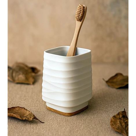 Exagonshop Portaspazzolino in plastica ABS e bamboo bianco