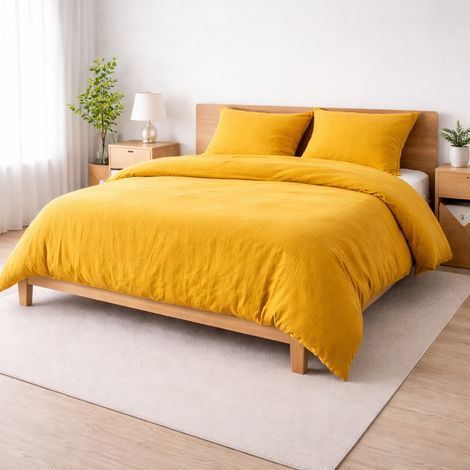 Parure de lit 240 x 220 cm Sienna Jaune + 2 taies 63x63 cm – Double face gaze de coton & coton 57 fils