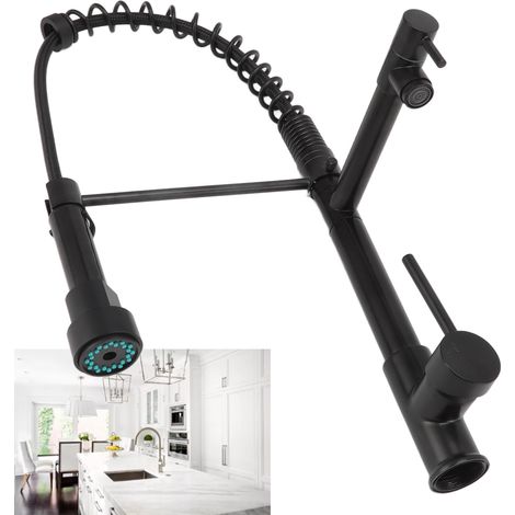 Grifo de cocina negro, resistente a la corrosión, con muelle, manguera extensible de doble función, función giratoria de 360° y fácil montaje. (1/5)