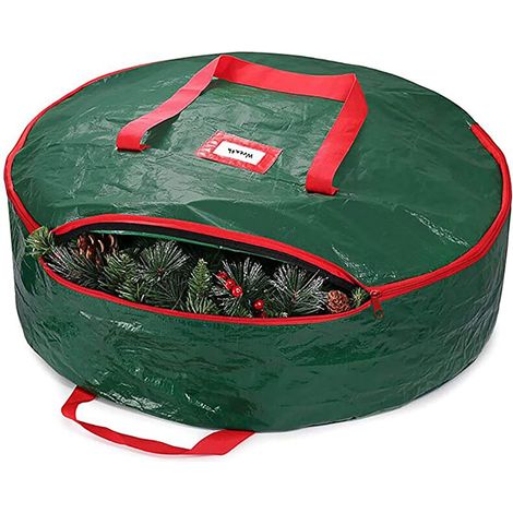 Sac de Rangement pour Couronne de Noël Conteneur de Guirlande de Vacances PE Portable avec Poignée Fermeture à Glissière en Métal-Vert 90x20cm (1/4)