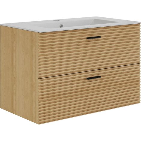 Mobile bagno sospeso striato con lavabo da incasso - 2 cassetti - Rovere naturale chiaro - 80 cm - SARONE (1/5)