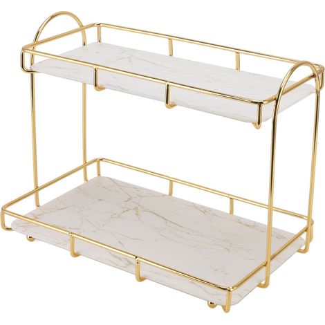 Kosmetikregal mit 2 Etagen, großes Fassungsvermögen, wasserdicht, aus goldfarbenem Metall, für Badezimmer, Küche oder Schlafzimmer. (1/5)