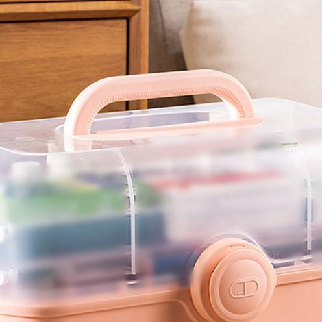 Großer Familien-Erste-Hilfe-Kasten, XL-Fassungsvermögen, mehrstufige Medikamentenaufbewahrungsbox mit herausnehmbarer Pillendose, korallenrosa.