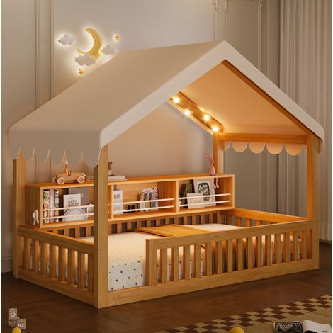 Cama infantil 90x200 cm natural de madera con dosel, luces LED, estantería y barrera de seguridad (1/5)