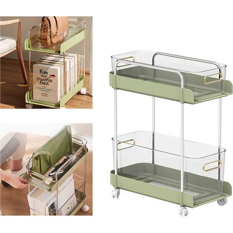 Chariot roulant à 2 niveaux, grande capacité, chariot utilitaire mobile, organisateur de rangement pour livres et aliments, vert étroit, pour la maison et la cuisine (1/5)