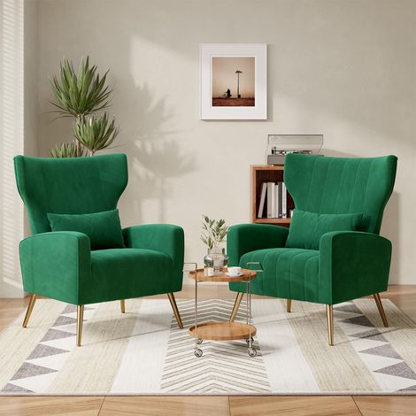 2er-Set Samt Relaxsessel mit Kopfkissen und Goldfüßen, Grün (1/5)