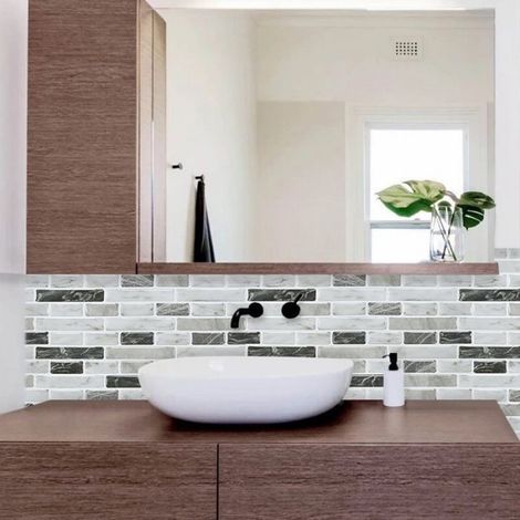 5 Pièces Stickers Muraux Gris et Noir Effet Marbre Mosaïque 305x305 cm pour Salle de Bains Cuisine (1/4)