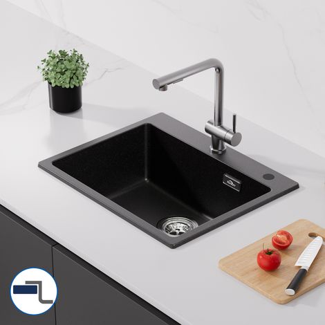 Fregadero de Cocina de Granito + Grifo de cocina, 55 x 45 cm Fregaderos Sobre Encimera con Grifo cocina Extraíble 360° Giratorio Mezclador Monomando de Fregadero (1/5)