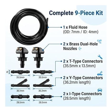 Kit de Tuyau Lave Glace Voiture Universel 2M Durite Lave Glace avec 2 Buse de Pulverisation et 6 Raccord Tuyau Lave Glace Flexible Caoutchouc Essuie Glace pour Pare-Brise (1/4)