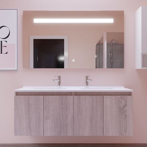Meuble PROLINE 140 cm avec plan double vasque et miroir Elégance ht80- Bois - vasque en résine