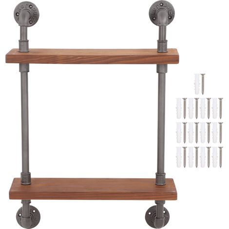 Étagère murale en bois massif et tuyau en fer forgé rétro, double étagère flottante pour bar à domicile (1/5)