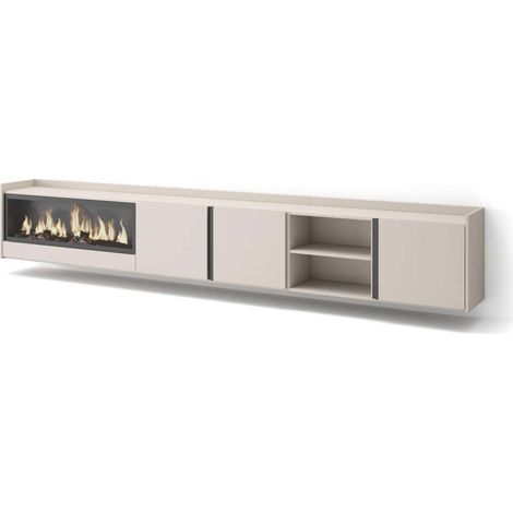 Mueble TV Cajiz-02 de 315x50x35 cm con chimenea eléctrica XXL, suspendido, color beige (1/4)