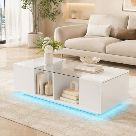 Table basse 120x50x38,5 cm blanche avec LED 16 couleurs et rangements latéraux, MDF et verre MEUBLIV (1/5)