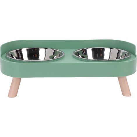 Gamelle surélevée pour chat en acier inoxydable avec double bol intégré pour nourriture et eau, idéale pour la maison (vert). (1/5)