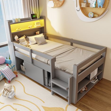 Letto per bambini 90x200 cm con LED, porte USB, contenitore e ante scorrevoli, in legno grigio (1/5)