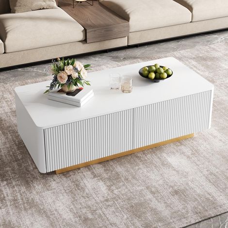 Mesa de centro con 2 cajones frente acanalado y compartimentos abiertos - 110 x 50 x 35 cm - mueble de salón moderno de mdf con esquinas redondeadas - blanco (1/5)