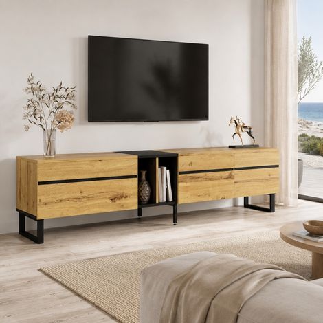 Mueble TV 180 cm con abatible, nichos abiertos y doble puerta, color madera HAVRYA (1/5)