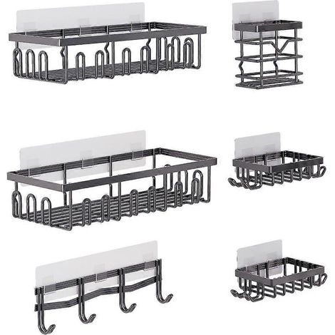 Lot de 6 organiseurs de salle de bain multifonctions, solution de rangement facile pour douche, installation sans outil, étagères murales adhésives pour accessoires. (1/4)