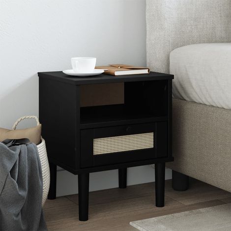 Nachttisch SENJA Rattan-Look Schwarz 40x35x48 Massivholz Kiefer