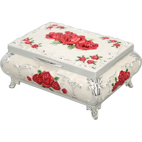 Boîte à bijoux vintage rectangulaire en métal, boîte de rangement décorative pour bijoux, coffret cadeau pour femmes et filles, argentée, blanche et rouge, rose (1/5)