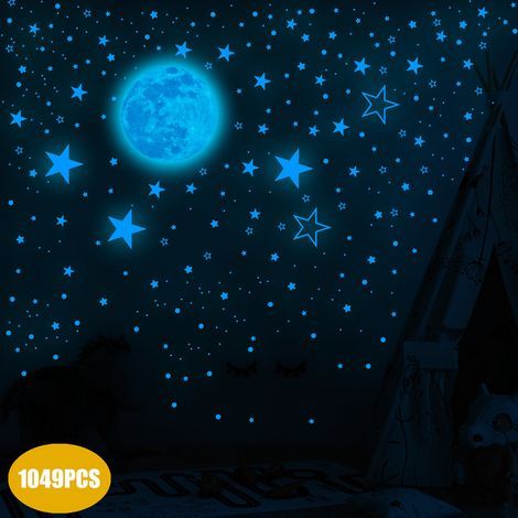 1049 piezas de pegatinas luminosas para pared, diseño de luna y estrellas que brillan en la oscuridad, calcomanías para pared de bebés (niño y niña) para habitaciones infantiles y decoración de techos (1/5)