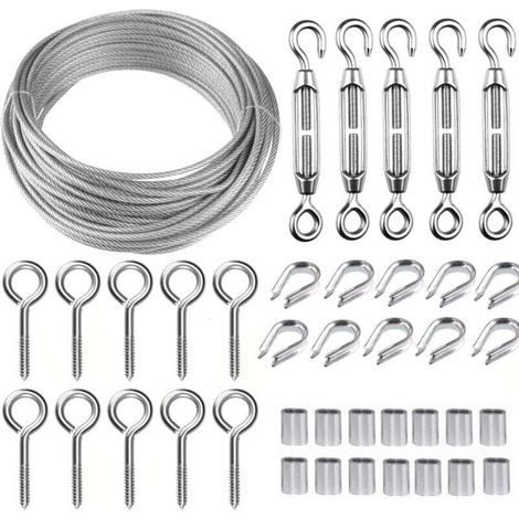 Corde en Acier Inoxydable à Suspendre Kit,30M/2mm Câble en Acier Inoxydable Revêtu avec M5 Tendeurs de Fil,Kit Cable Metallique 2mm pour Plantes Grimpante,Outdoor Suspension,Corde a linge (1/4)