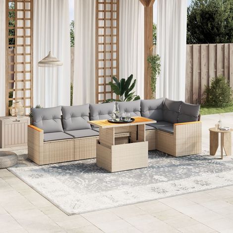 vidaXL 7-tlg. Garten-Sofagarnitur mit Kissen Beige Poly Rattan (1/3)