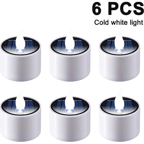 Lot de 6 bougies chauffe-plat solaires - Lampe LED électronique rechargeable à effet scintillant - Veilleuse sans flamme à énergie solaire pour le camping et les situations d'urgence en extérieur (1/5)