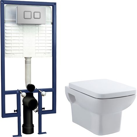 Meaford Soft Square Wall Hung Toilet Pan, Soft Close Seat & Concealed Cistern with Square Push Button Plate, 360mm - Balterley