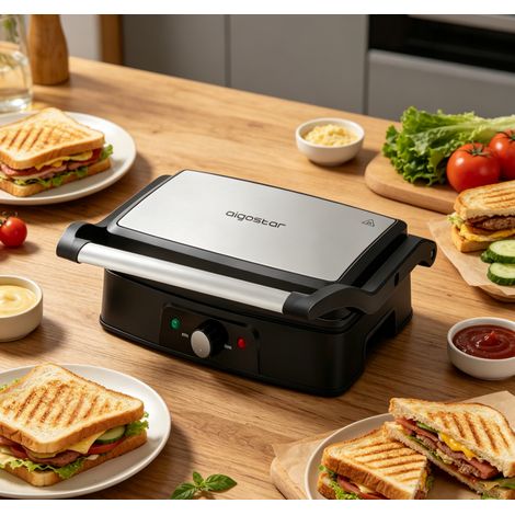 Appareil à panini Aigostar 1500W acier inoxydable température réglable, antiadhésif compact pour cuisine familiale